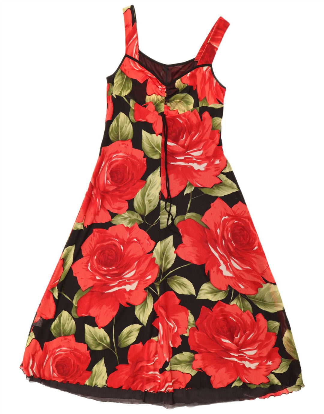 Vestido maxi feminino sem mangas VINTAGE UK 12 médio preto floral poliamida