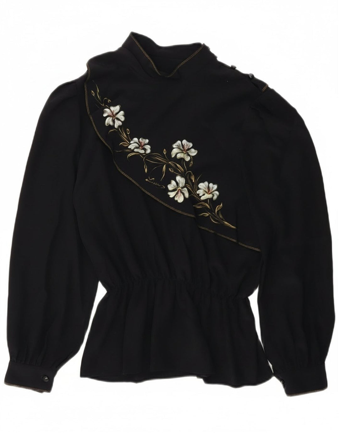 Blusa feminina vintage de manga comprida UK 14 médio azul marinho floral