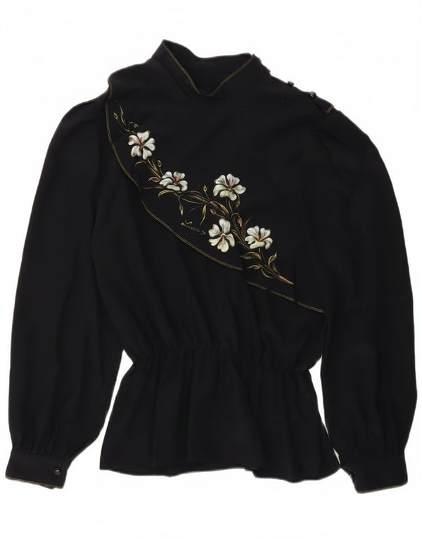 Blusa feminina vintage de manga comprida UK 14 médio azul marinho floral