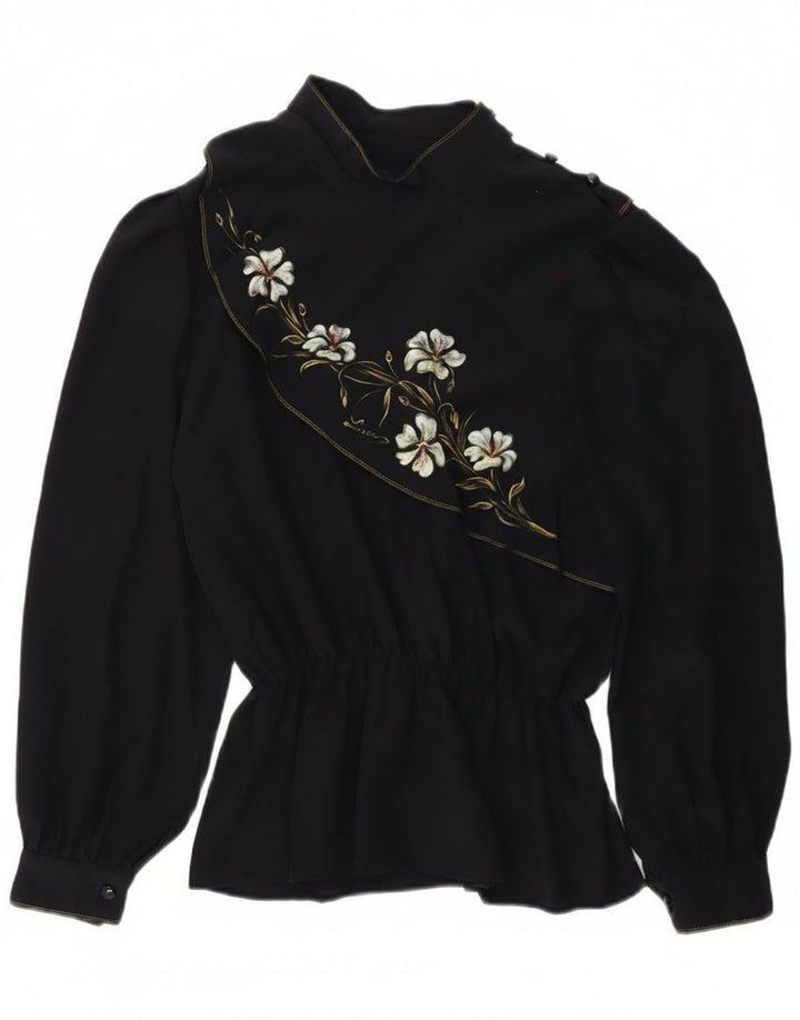 Blusa feminina vintage de manga comprida UK 14 médio azul marinho floral