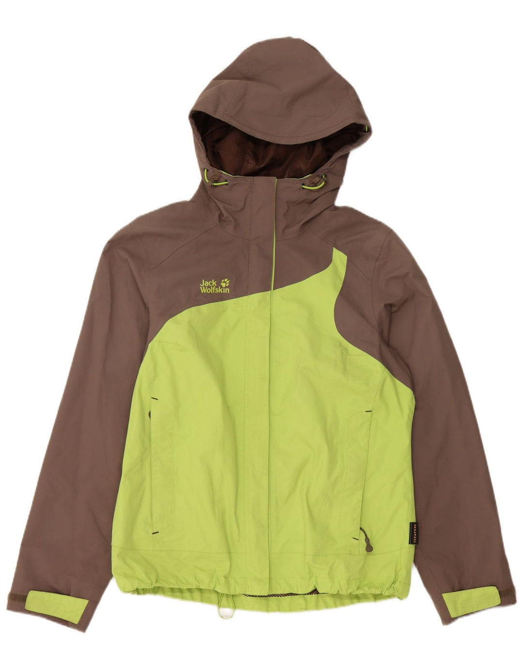Jaqueta de chuva feminina com capuz JACK WOLFSKIN Reino Unido 12/14 bloco colorido verde médio