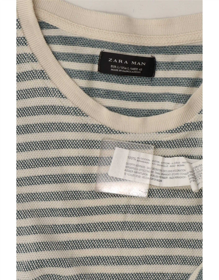 Camiseta masculina Zara Top grande algodão listrado cinza