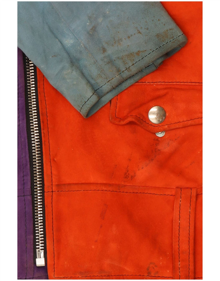 Jaqueta vintage feminina de camurça para motociclista Reino Unido 16 grande bloco colorido multicolorido