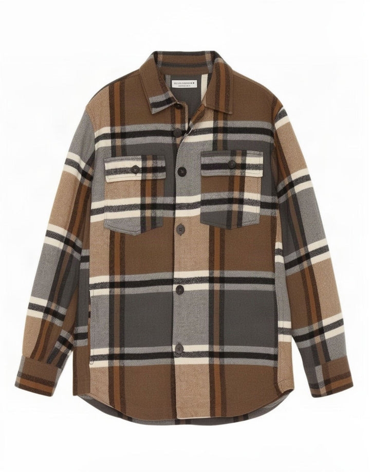 Camisa masculina de flanela Zara de algodão xadrez marrom médio