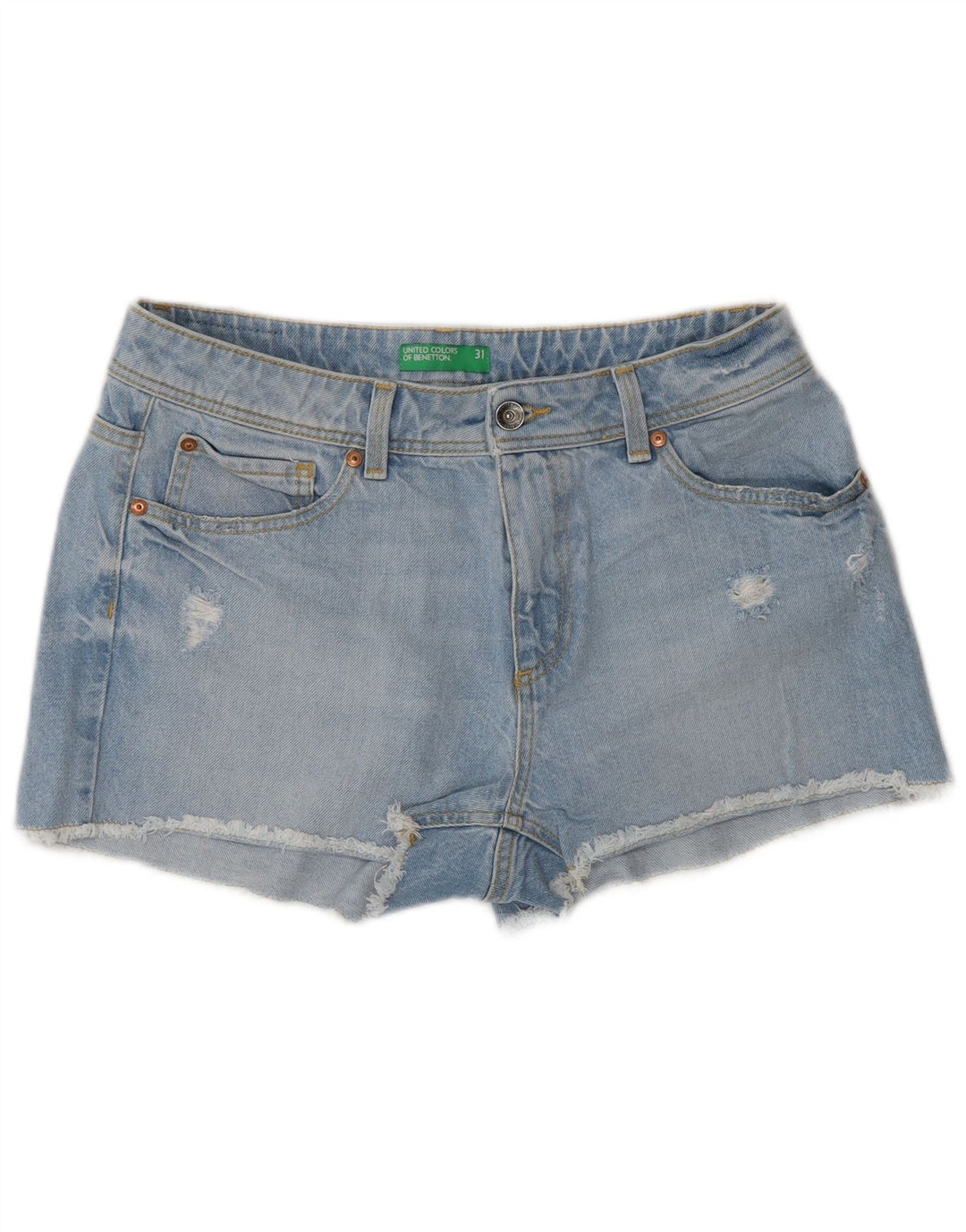 Benetton Shorts jeans feminino desgastado W31 algodão azul médio