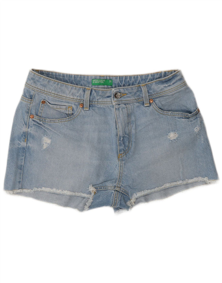 Benetton Shorts jeans feminino desgastado W31 algodão azul médio