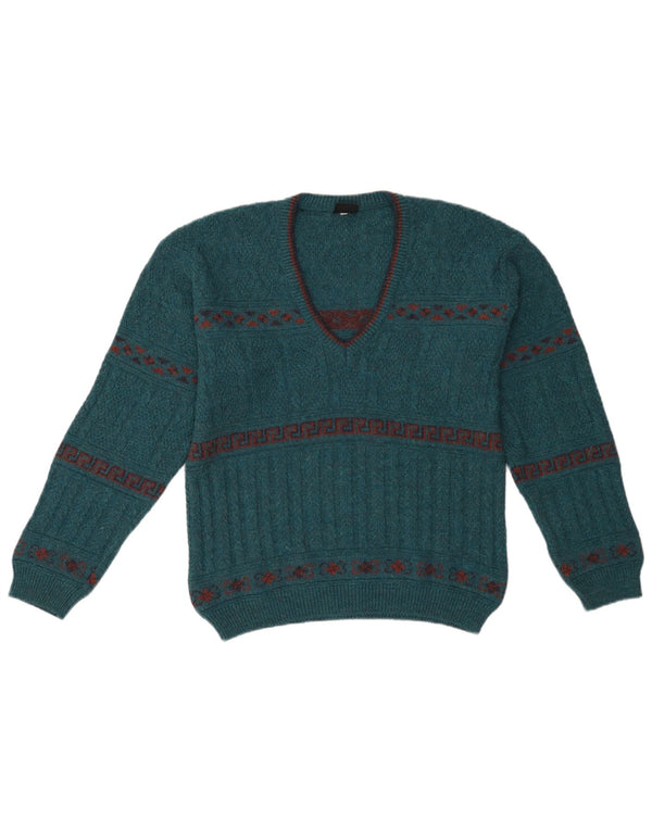 Suéter masculino vintage com decote em V IT 46 pequeno acrílico geométrico verde