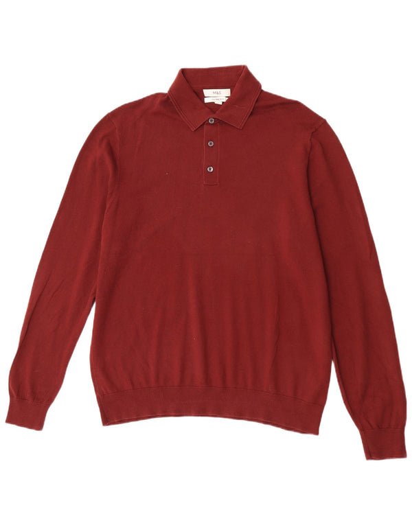 Suéter masculino Marks & Spencer com gola polo grande de algodão cor de vinho