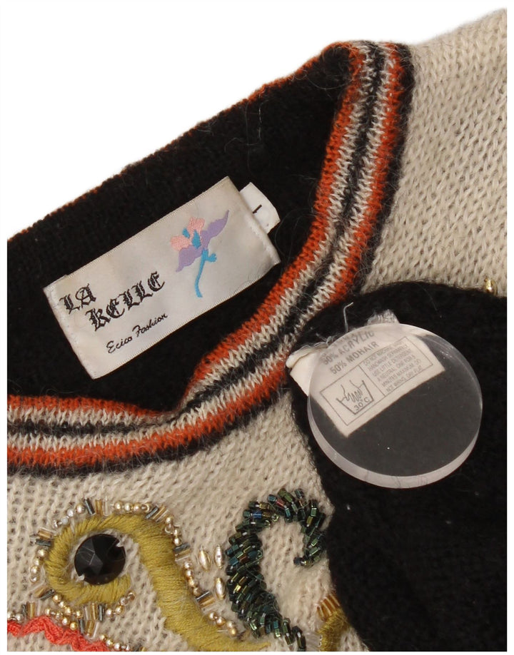 Suéter feminino vintage com gola redonda UK 14 médio preto geométrico
