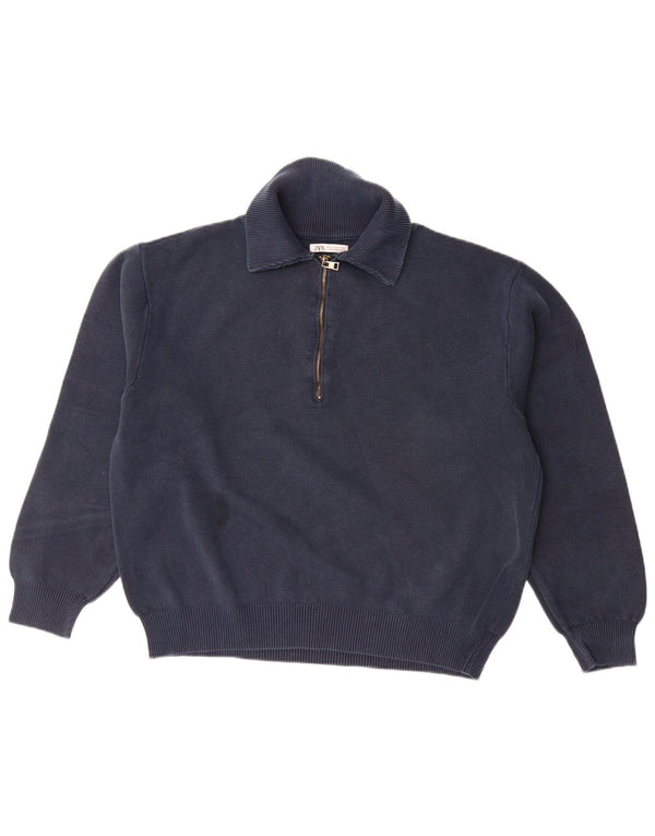 Suéter masculino Zara com ajuste solto e gola polo, algodão azul marinho médio