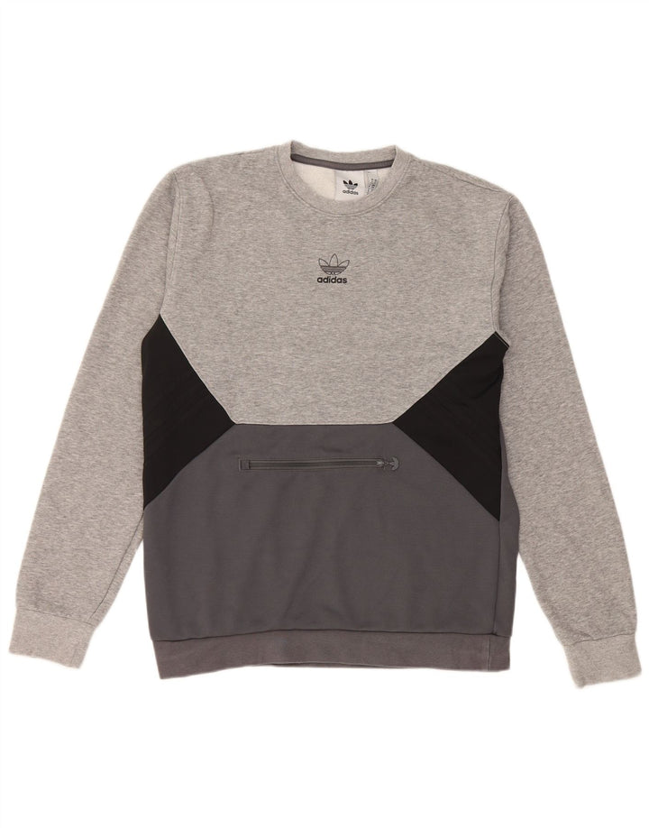 ADIDAS Mens Moletom Jumper Pequeno Cinza Colorblock Algodão