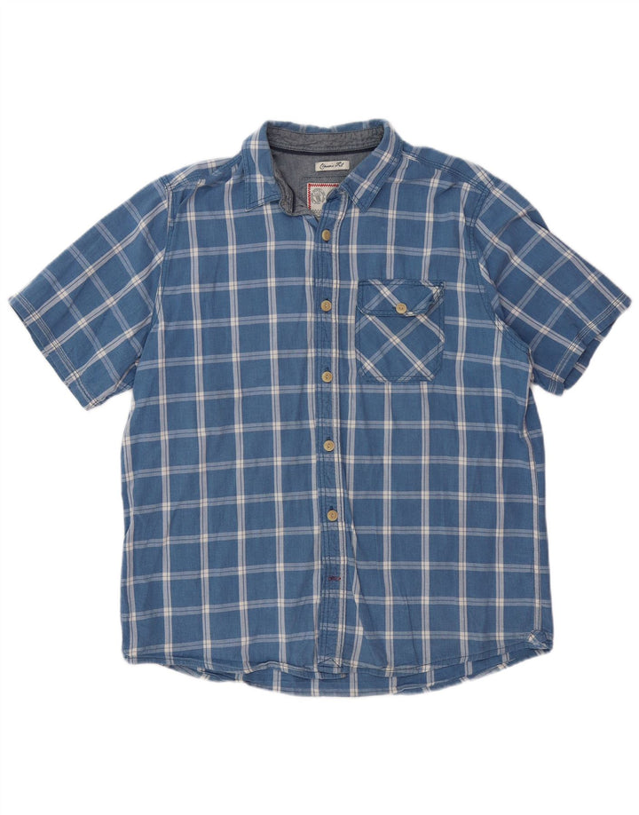 FAT FACE Mens Classic Fit Camisa de manga curta grande xadrez azul