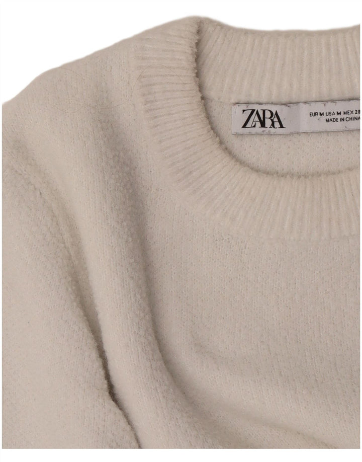 Suéter feminino Zara com gola redonda e gola redonda, Reino Unido 12 médio branco