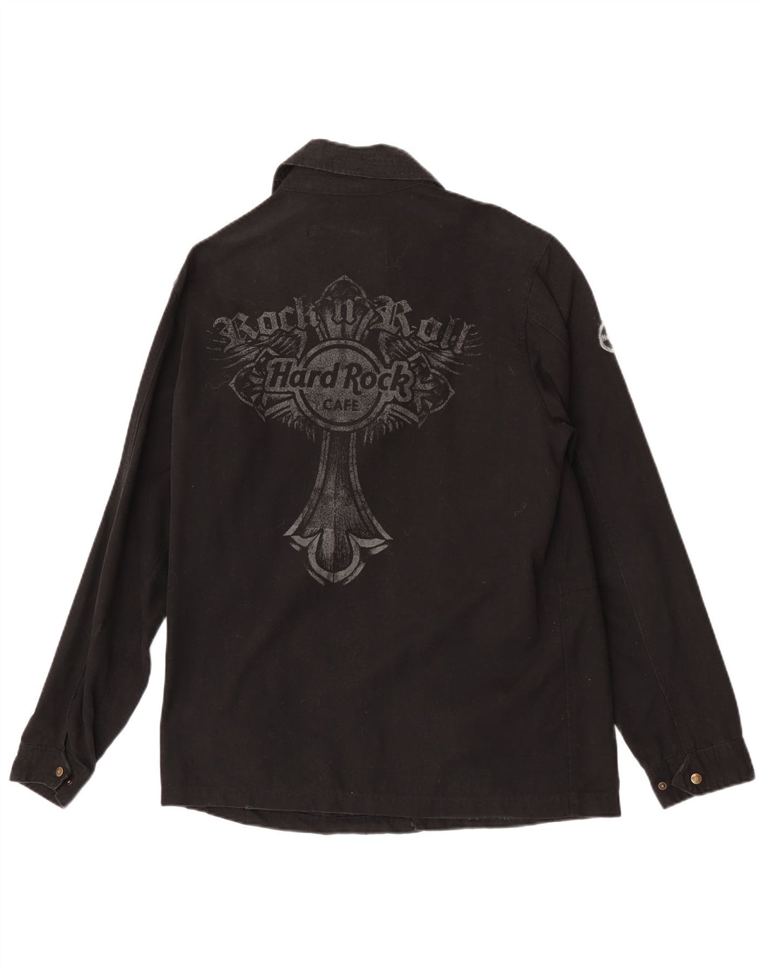 Jaqueta militar gráfica masculina Hard Rock Cafe Reino Unido 38 algodão preto médio
