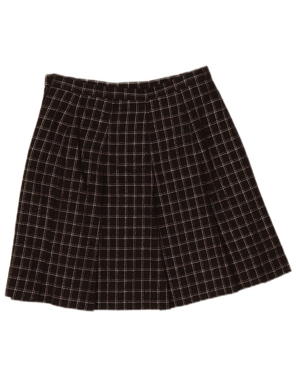 Saia plissada feminina vintage Reino Unido 10 pequena W26 lã xadrez marrom
