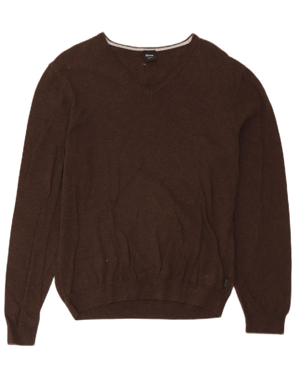 Suéter masculino Hugo Boss Slim Fit com decote em V grande algodão marrom