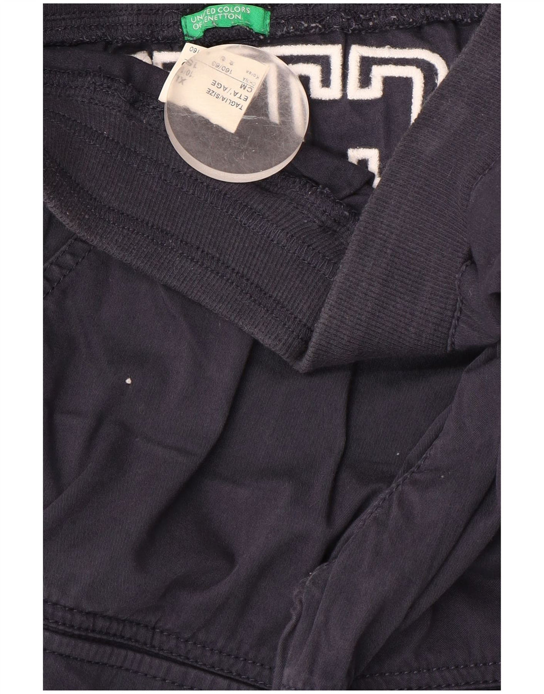 Calças cargo gráficas BENETTON para meninos 10-11 anos XL W28 L18 azul marinho