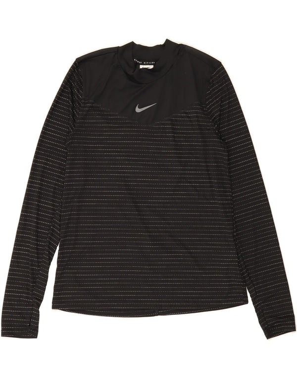 NIKE Womens Dri Fit Top Manga Longa Reino Unido 10 Pequeno Poliéster Listrado Preto
