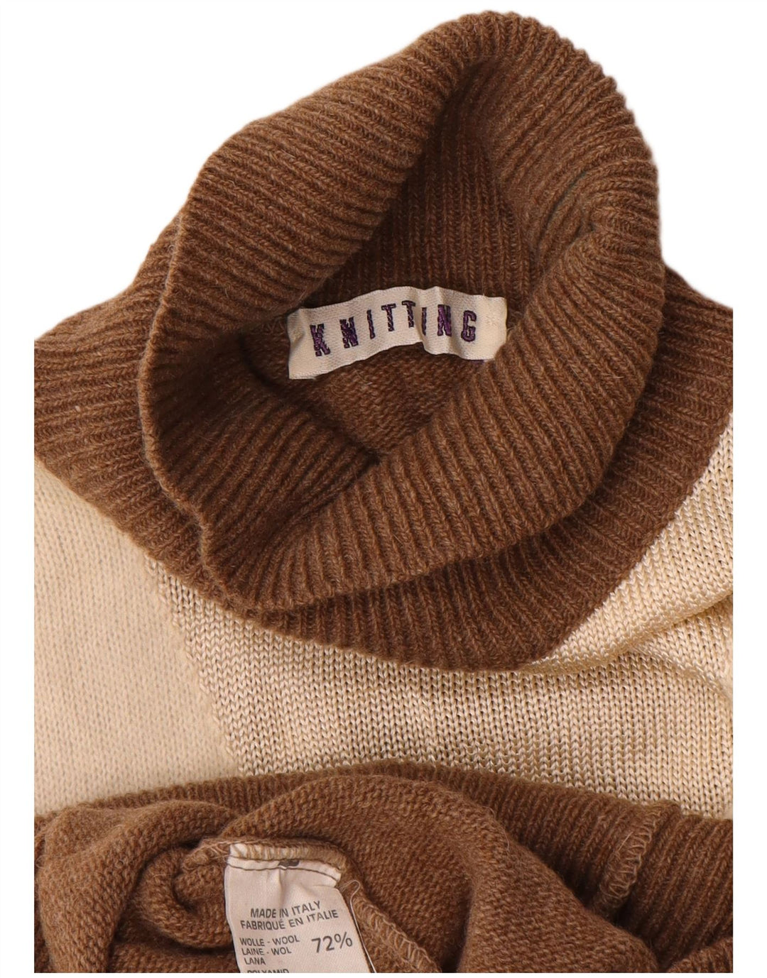 Suéter feminino vintage com gola redonda Reino Unido 14 lã colorblock marrom médio
