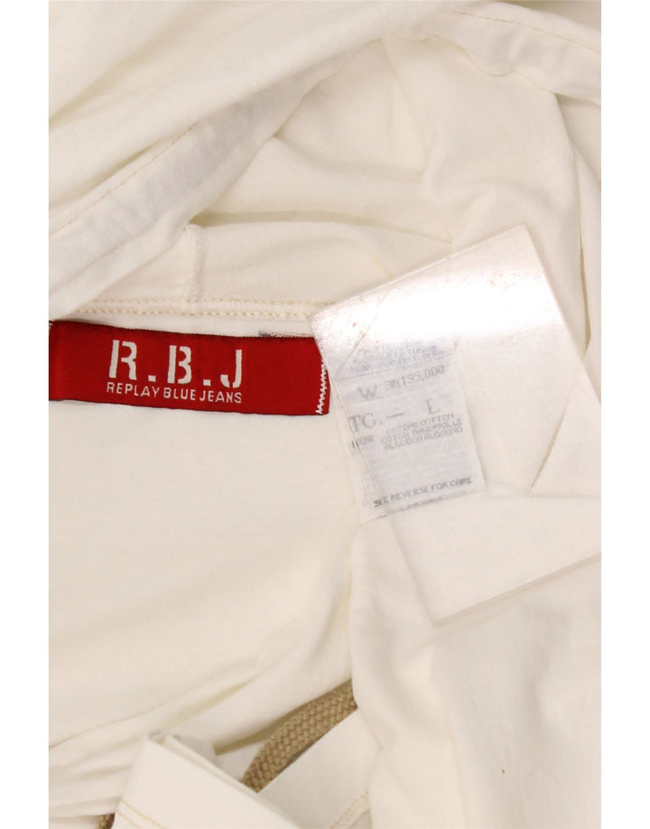 Top gráfico feminino com capuz REPLAY manga comprida Reino Unido 14 algodão branco grande