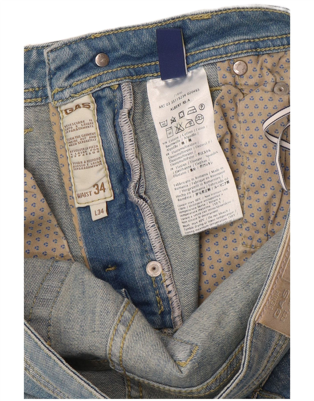 Gas Mens Slim Jeans W34 L34 Azul Algodão