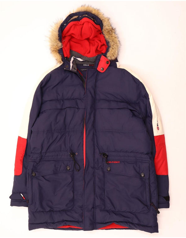 Casaco acolchoado com capuz masculino Tommy Hilfiger Reino Unido 42 XL azul colorblock poliéster