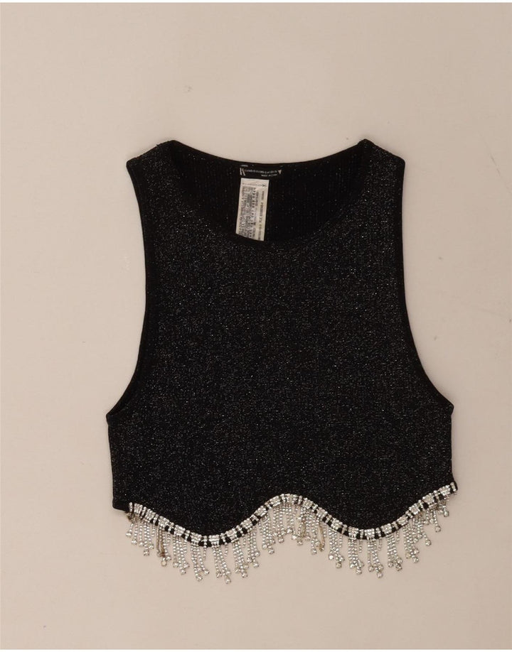 Zara Top feminino sem mangas UK 4 XS preto poliéster manchado