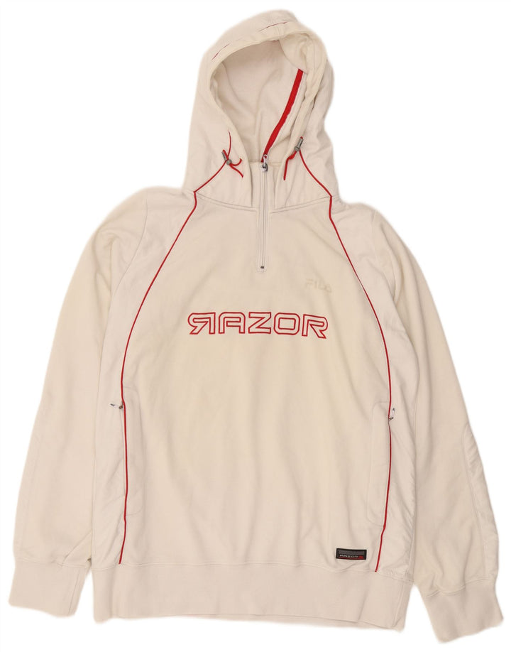Suéter masculino Fila com capuz gráfico com zíper e gola média branco