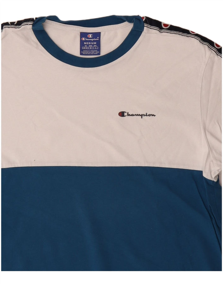 Camiseta masculina com estampa gráfica Champion, algodão colorblock azul médio