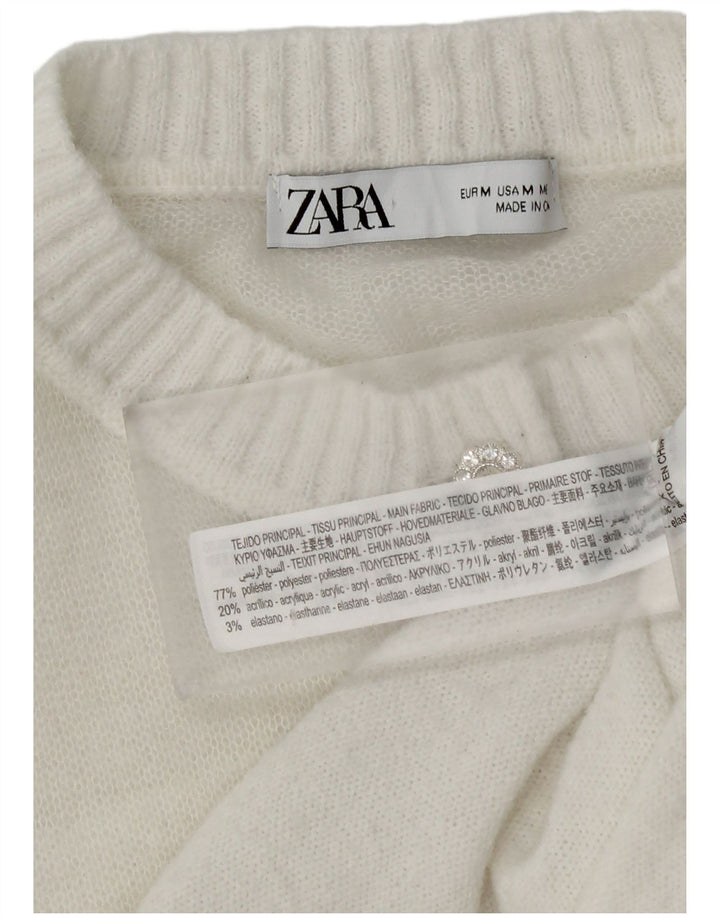 Zara Womens Crop Cardigan Sweater UK 12 Médio Poliéster Branco