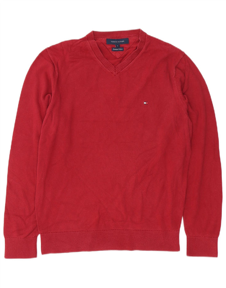 Suéter masculino TOMMY HILFIGER com decote em V de algodão vermelho médio