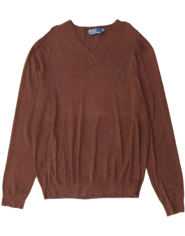Suéter masculino POLO RALPH LAUREN com decote em V XL de algodão marrom