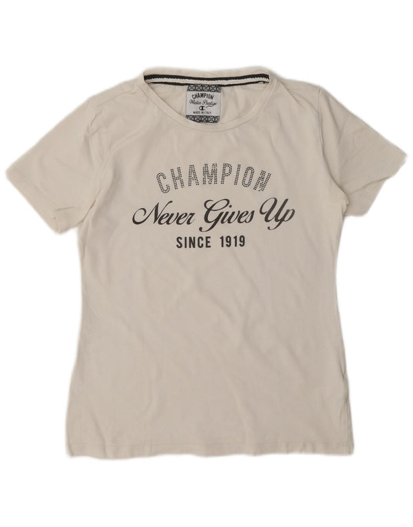 Camiseta feminina estampada Champion UK 12 algodão branco médio