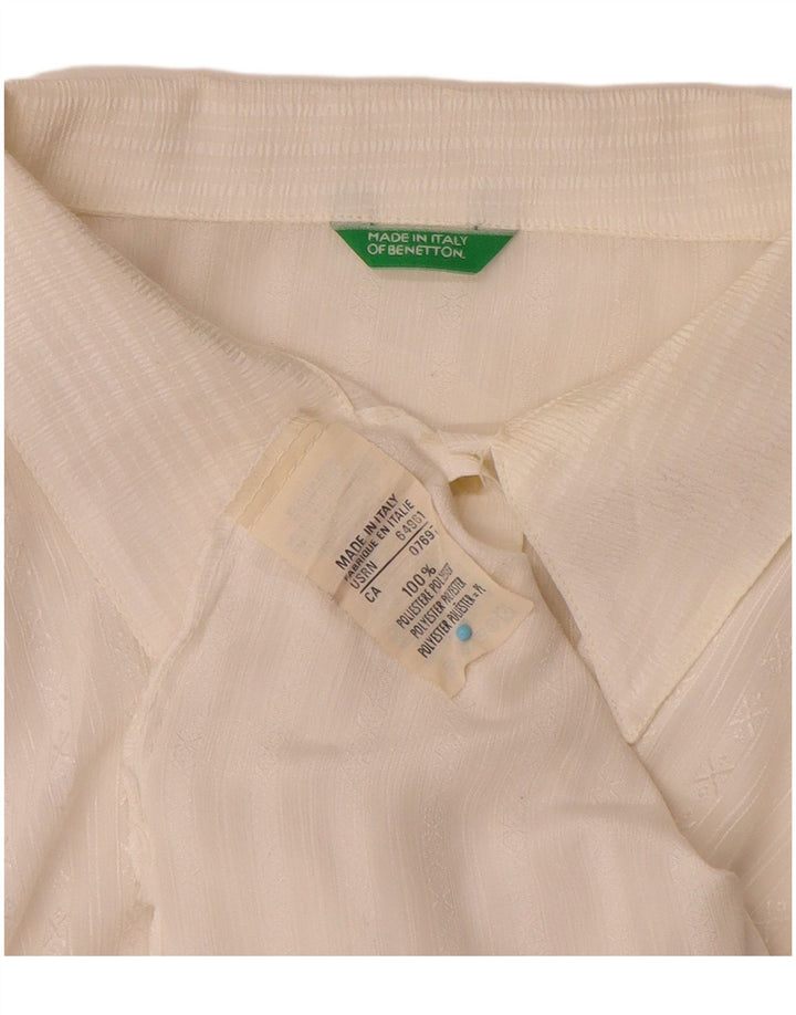 Blusa camisa feminina Benetton Reino Unido 16 grande poliéster listrado branco