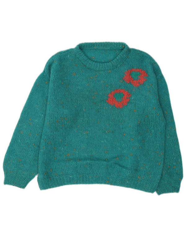 Suéter feminino vintage com gola redonda Reino Unido 16 grande azul manchado