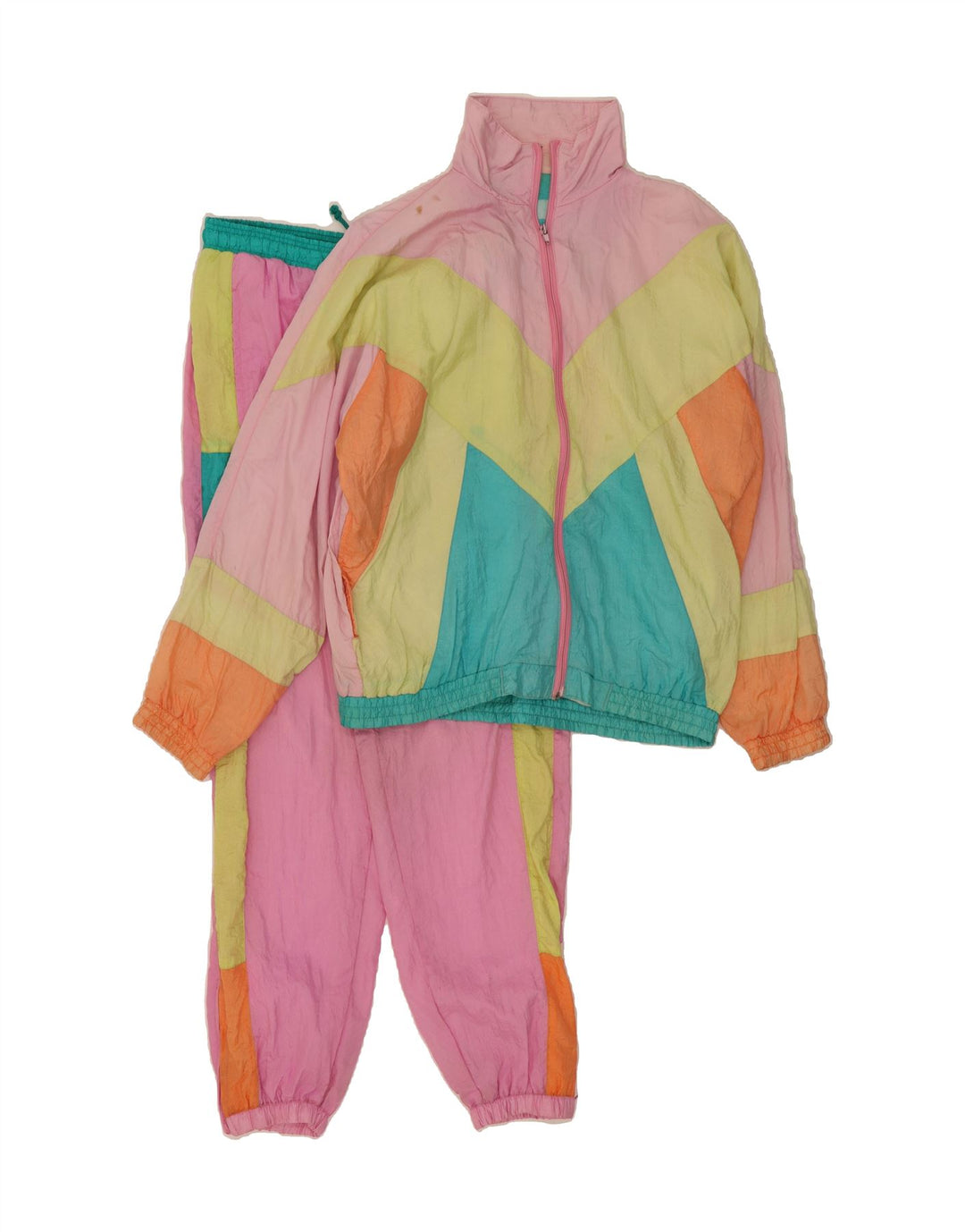 Fato de treino feminino grande e completo VINTAGE Reino Unido 14 bloco colorido rosa médio
