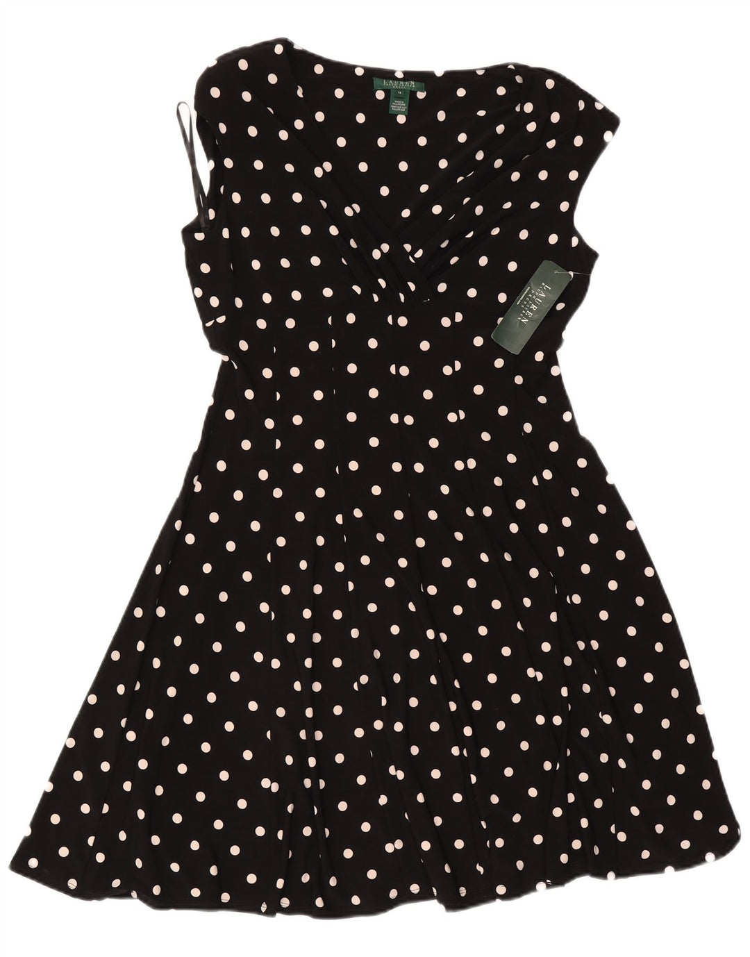 Ralph Lauren Vestido feminino evasê US 14 XL preto bolinhas poliéster