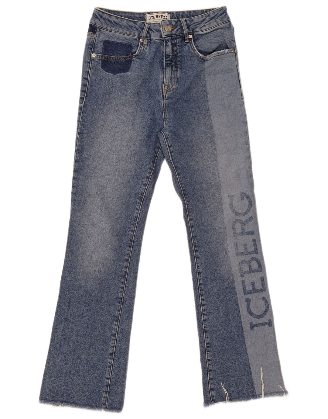 Iceberg feminino gráfico bootcut jeans W27 L28 azul colorblock algodão