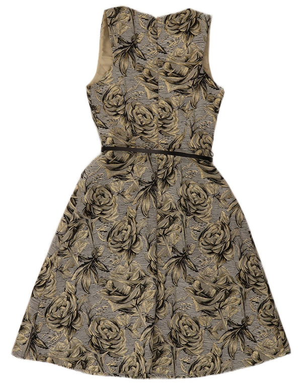 Vestido feminino Monsoon sem mangas evasê UK 8 pequeno algodão floral cinza