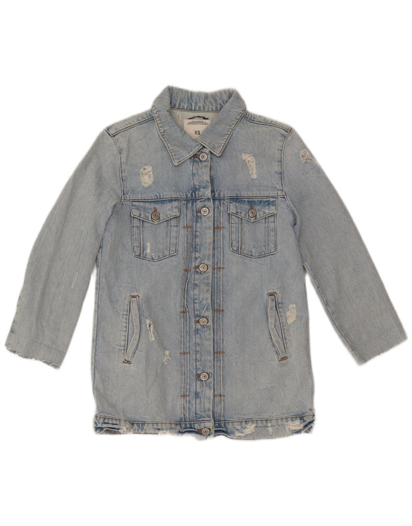 Jaqueta jeans feminina Zara manga 3/4 desgastada Reino Unido 6 XS azul algodão