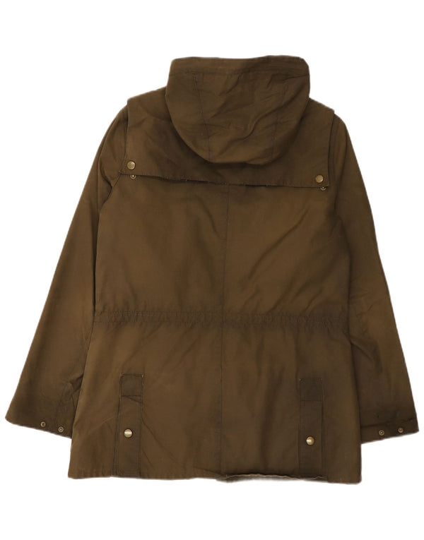 Jaqueta feminina de algodão encerado com capuz Barbour UK 12 médio cáqui