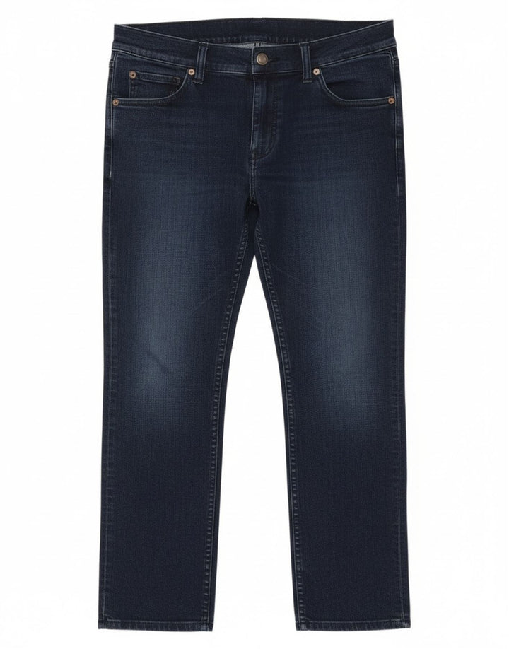 Calça jeans reta feminina barata segunda-feira W32 L26 algodão azul marinho