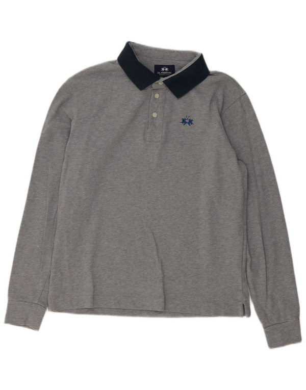Camisa polo masculina de rugby de manga comprida La Martina pequena cinza algodão