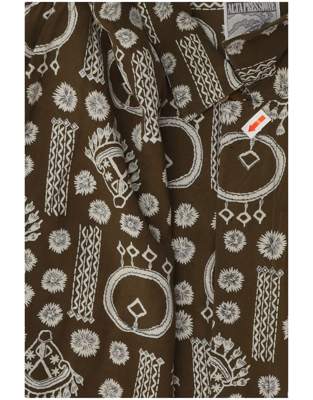 Vintage masculino abstrato Padrão camisa de manga curta XL cáqui