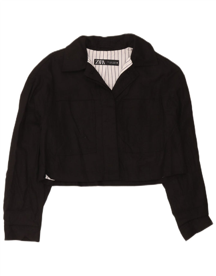Zara Womens Crop Bomber Jacket UK 10 Medium Black Viscose