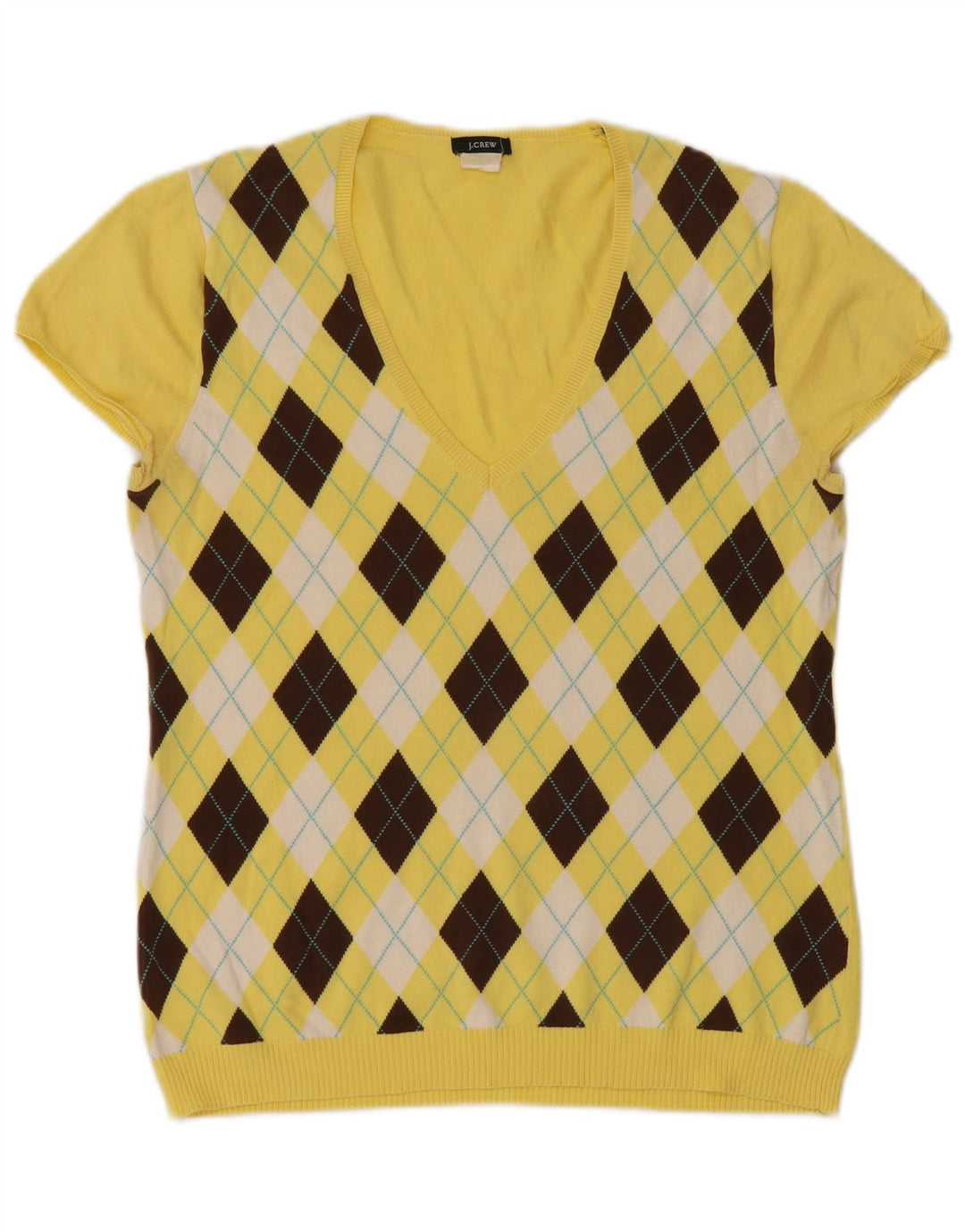 Suéter feminino J. CREW com decote em V UK 12 Médio Amarelo Argyle/Diamante