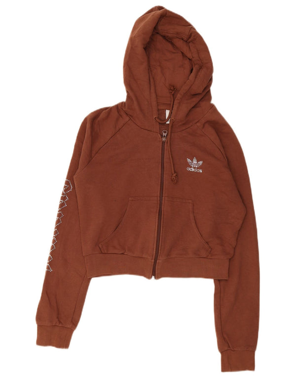 Suéter Adidas feminino com capuz e zíper gráfico UK 12 algodão marrom médio