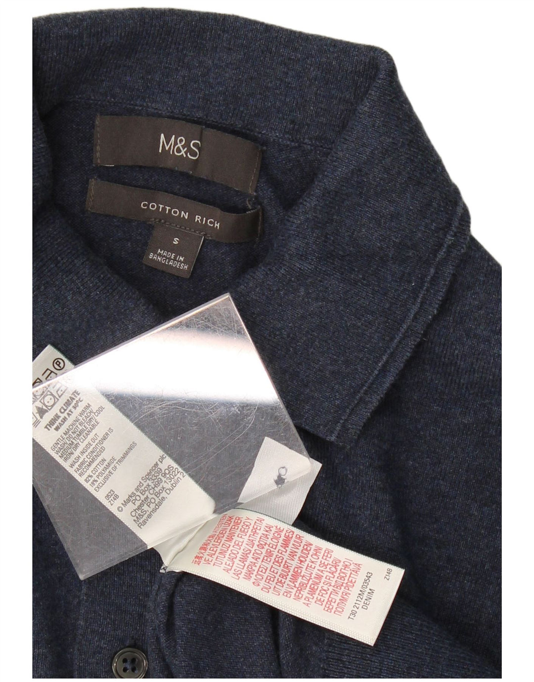 Suéter masculino MARKS & SPENCER com gola polo, pequeno, azul marinho, algodão