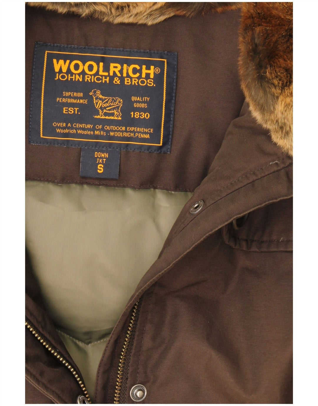 Casaco acolchoado com capuz feminino Woolrich UK 10 pequeno algodão marrom