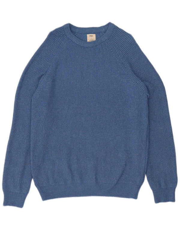 Suéter masculino Marks & Spencer com gola redonda, grande poliamida manchada de azul